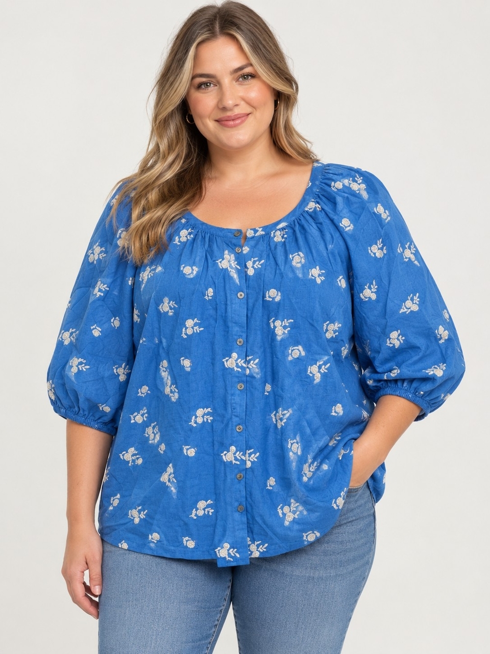 Workshop Republic Clothing Blue Floral Button-Front Peasant Blouse Greece 2X